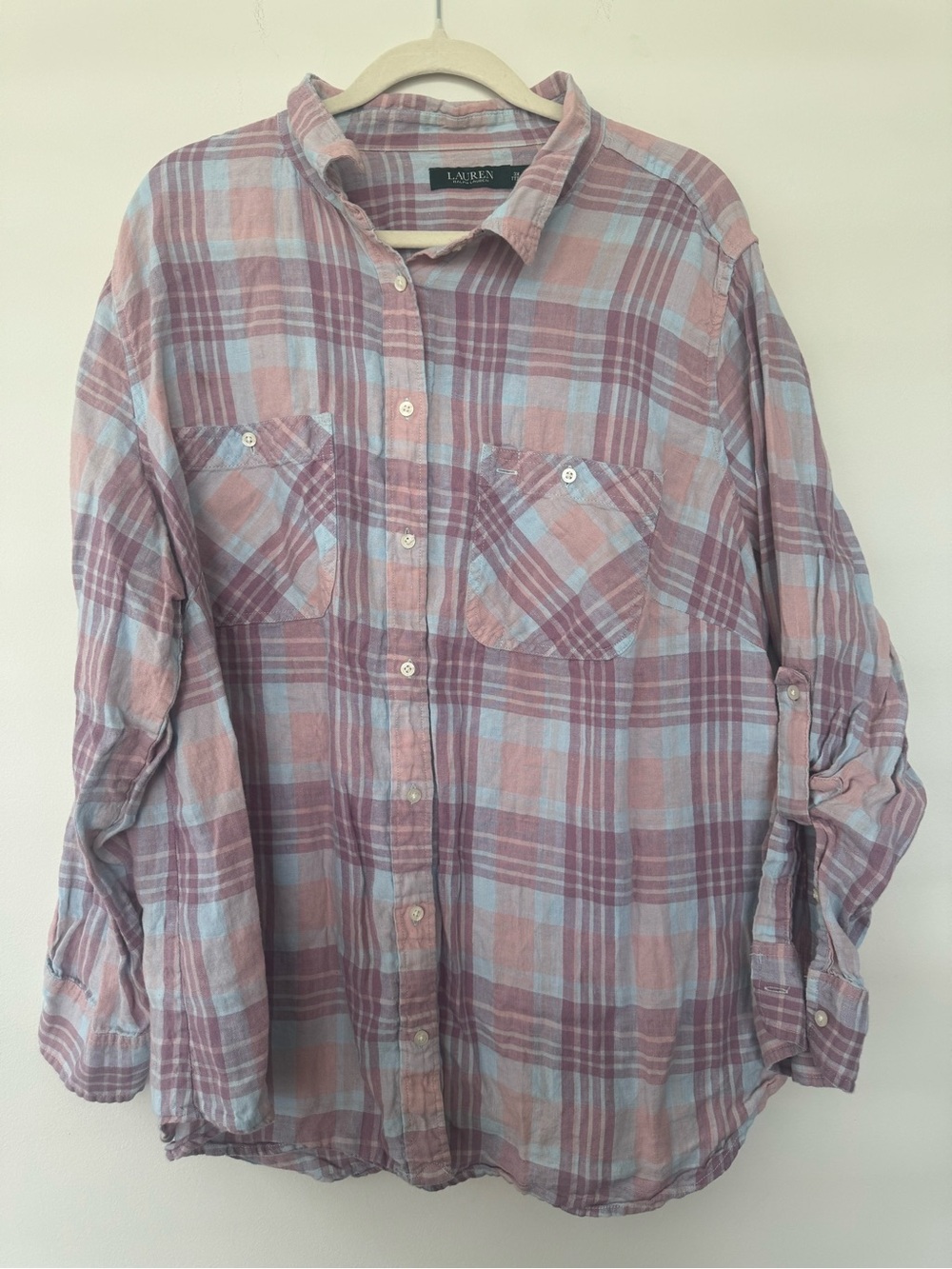 Lauren Ralph Lauren 100% Linen Pink Plaid Button Down Long Sleeve Beach Sz 3X